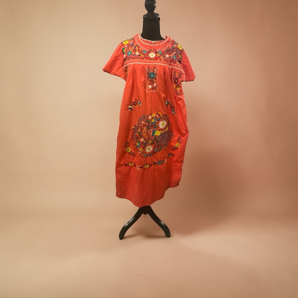 Embroidered Mexican Coral Dress